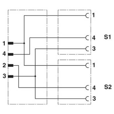 Diagram dvojpólového prepínača: Spojovacie body 1, 2, 3 a 4 sú pripojené k S1 a S2. Schéma znázorňuje spôsob prepínania.
