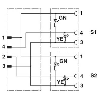 Diagram znázorňuje dva obvody, S1 a S2, so zelenými (GN) a žltými (YE) LED diódami. Obe zapojenia sú identicky prepojené.