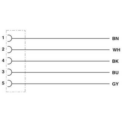 Diagram piatich káblov s kódovaním: '1' na 'BN', '2' na 'WH', '3' na 'BK', '4' na 'BU', '5' na 'GY'.