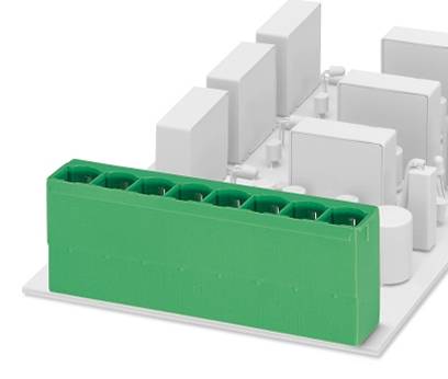 Zelený elektronický konektor so šiestimi otvormi je namontovaný na bielom povrchu pripomínajúcom dosku plošných spojov.