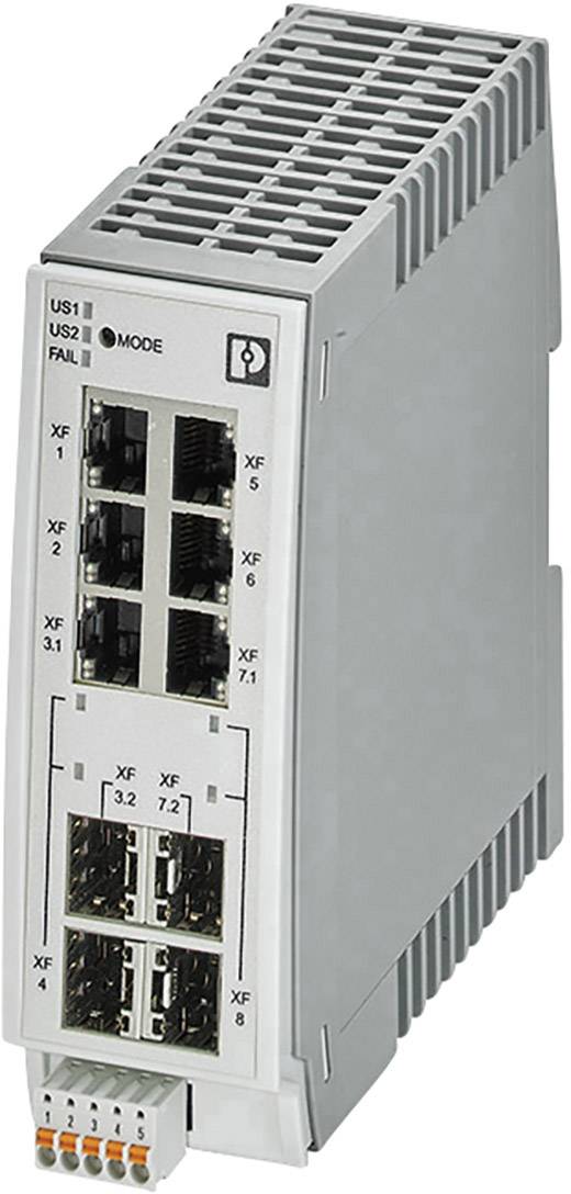 Priemyselný ethernetový switch s viacerými RJ45 a SFP portami pre sieťové pripojenie; určený na montáž na DIN lištu, sivý kryt.
