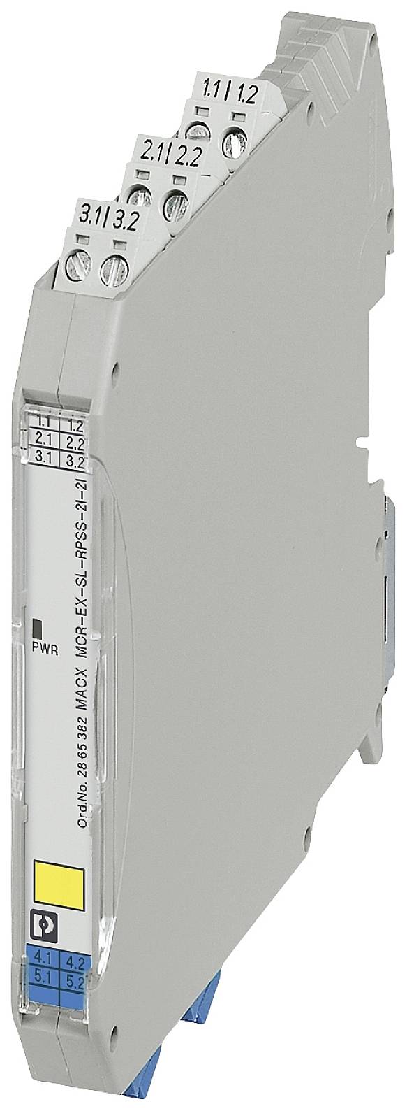 Štíhly, sivý elektronický modul s popiskami a konektormi na hornej strane. Používa sa v rozvádzačových aplikáciách.