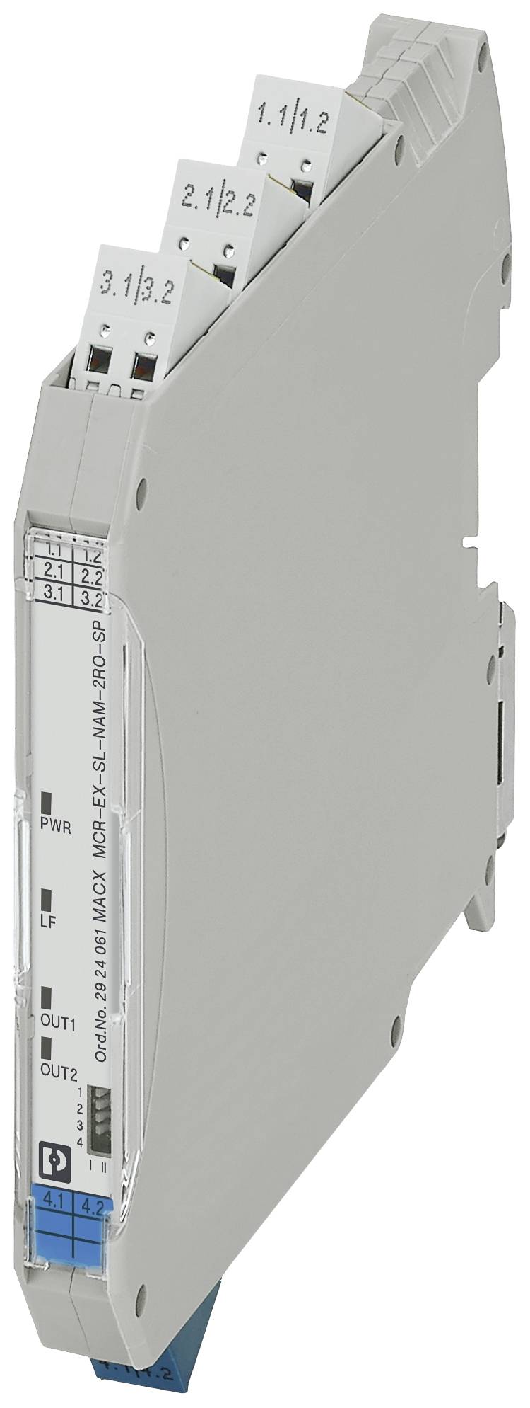 Úzky sivý elektronický spínací zosilňovač s označeniami 1.1, 1.2, 3.1, 3.2 na slotoch.