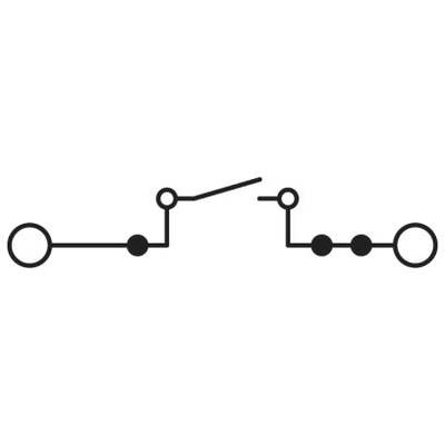 Elektrický schémový diagram s dvoma prepojenými spínačmi a symbolickými kontaktmi. Vľavo a vpravo sú kruhové symboly.
