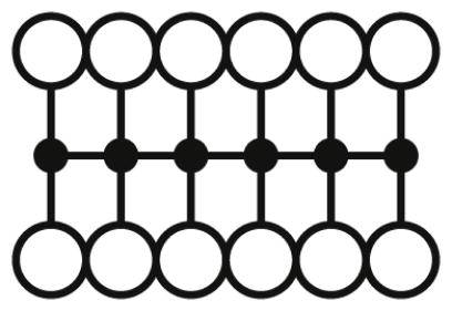 Diagram zobrazujúci prepojené sieťové rozhranie pozostáva z dvoch radov piatich kruhov, ktoré sú navzájom prepojené vertikálnymi a horizontálnymi líniami.