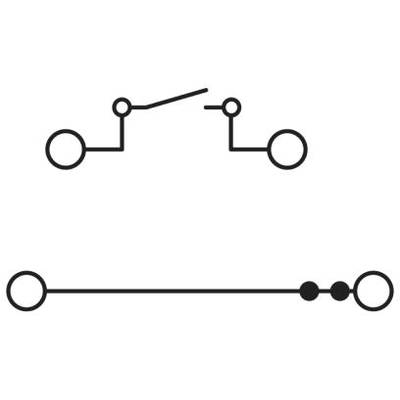 Diagram jednoduchého elektrického spínača a elektrického obvodu. Hore spínač, dole vedenie s dvoma spojenými bodmi.