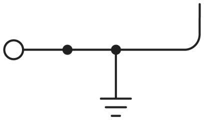 Elektrický schematický symbol pre uzemňovacie zapojenie so symbolom uzemnenia, dvoma uzlami a výstupným vedením.