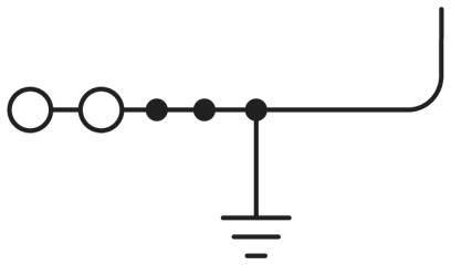 Schéma zapojenia elektrického uzemnenia: Horizontálna línia s kruhmi smerujúcimi hore doprava, zvislý uzemňovací symbol smerujúci nadol.