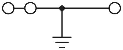 Elektrický spínací symbol: Horizontálna línia s troma otvorenými kontaktmi vľavo a symbolom uzemnenia v strede dole.