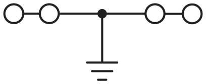 Elektrický schémový symbol: Tri prepojené kruhy na jednej línii s vertikálnym uzemnením umiestneným v strede pod nimi.