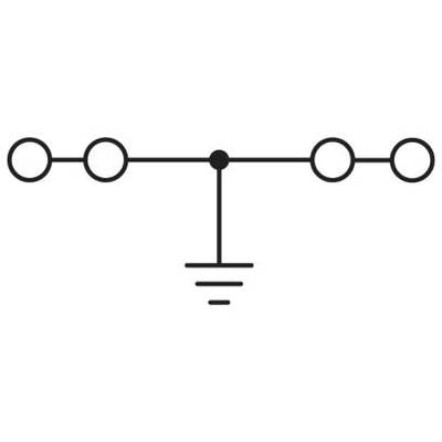 Elektrický schémový symbol: Tri prepojené kruhy na jednej línii s vertikálnym uzemnením umiestneným v strede pod nimi.