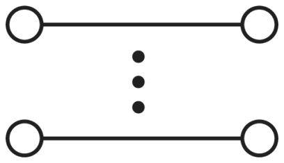 Diagram s dvomi rovnobežnými čiarami, ktoré spájajú štyri body. Medzi týmito čiarami sa nachádzajú tri vertikálne body v jednej línii.