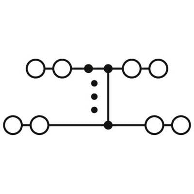 Diagram znázorňuje dve paralelné línie prepojené kruhmi, ktoré sú spojené vertikálnymi čiarami a bodkami, pravdepodobne schematický náčrt zapojenia.