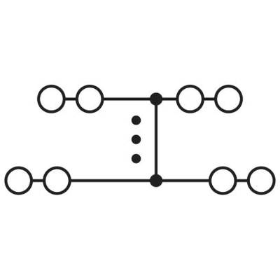 Schematický nákres elektrického obvodu s viacerými okrúhlymi uzlami, ktoré sú navzájom prepojené čiarami.