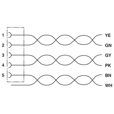 Diagram znázorňuje päť párov skrútených káblov: 1. Žltý (YE), 2. Zelený (GN), 3. Sivý (GY), 4. Ružový (PK), 5. Hnedý (BN), Biely (WH).