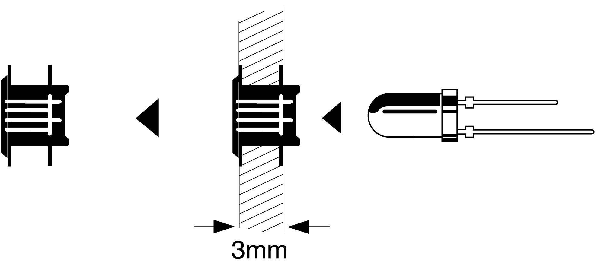 Diagram inštalácie súčiastky v 3 mm hrubom materiáli. Zobrazuje priečny rez a bočný pohľad súčiastky.