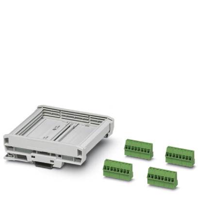 Sivý plastový kryt a štyri zelené svorky určené na montáž elektronického zariadenia.
