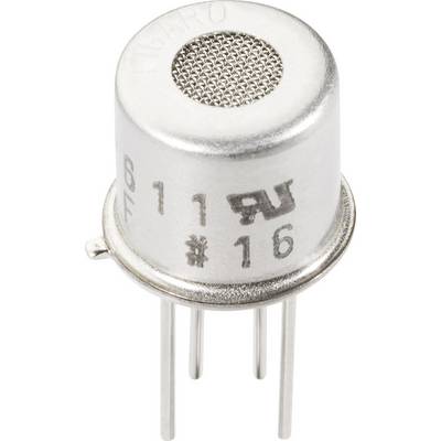 Strieborný elektronický senzor s viacerými pripájacími pinmi, vhodný pre meranie plynov. Horná časť má mriežkový vzor.