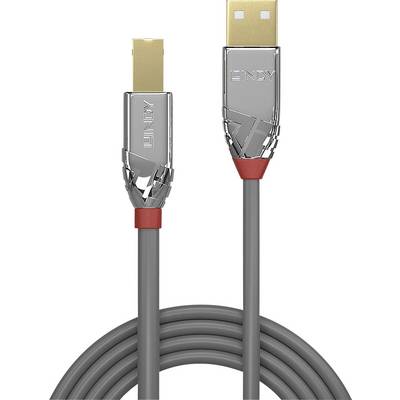 USB kábel so sivým káblom a striebornými konektormi, jeden obdĺžnikový (USB-A), druhý štvorcový (USB-B); oba s červenými akcentmi.