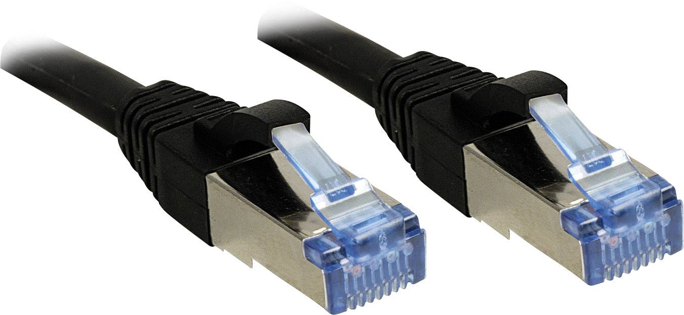 Dva čierne ethernetové káble s modrými konektormi.