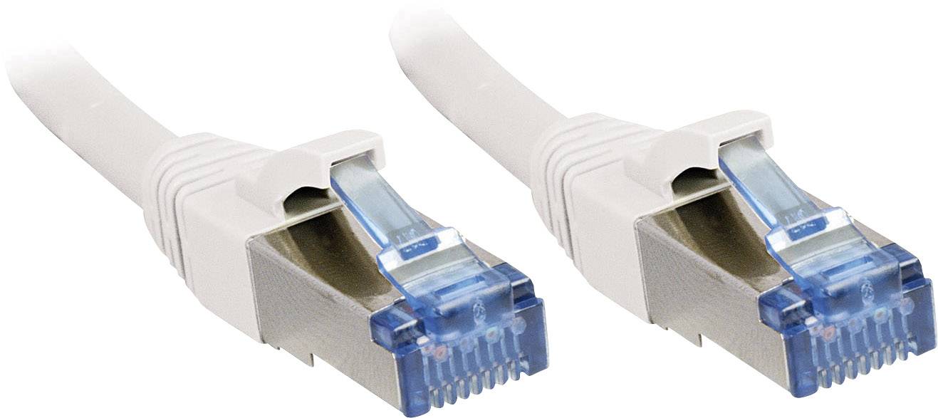 Dva ethernetové káble s modrými konektormi, používané na prenos dát v sieťových systémoch.