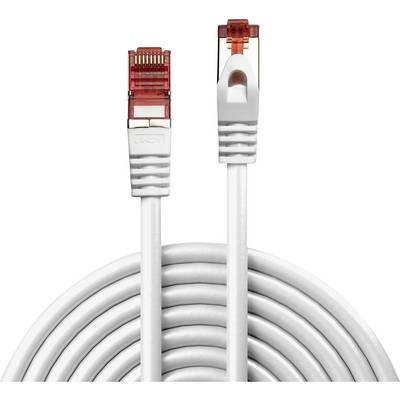 Dva bielo-červené ethernetové káble, jeden s RJ45 konektorom, sú vedľa seba zvinuté v popredí.