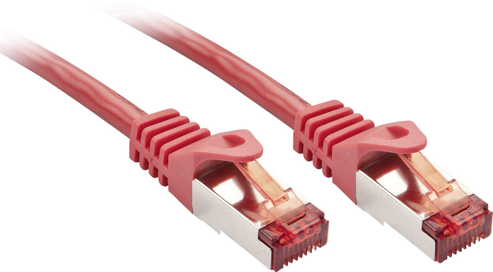 Dva červené ethernetové káble s konektormi RJ45, vhodné pre sieťové pripojenia v počítačových sieťach a prístup na internet.