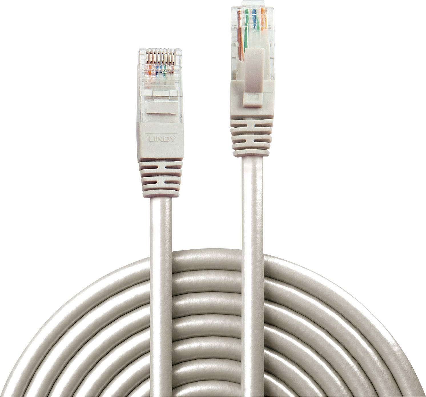 Sivý ethernetový kábel s dvoma RJ45 konektormi, stočený do slučky.