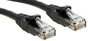 Dva čierne ethernetové káble s priehľadnými konektormi, prepojené pre výmenu dát v sieťach.