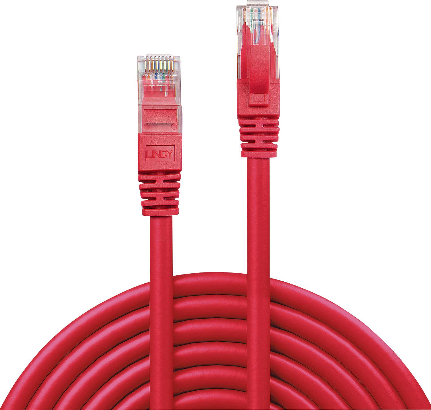 Červený ethernetový kábel s dvoma RJ45 konektormi, zvinutý. Slúži na prepojenie sieťových zariadení pre prístup na internet.