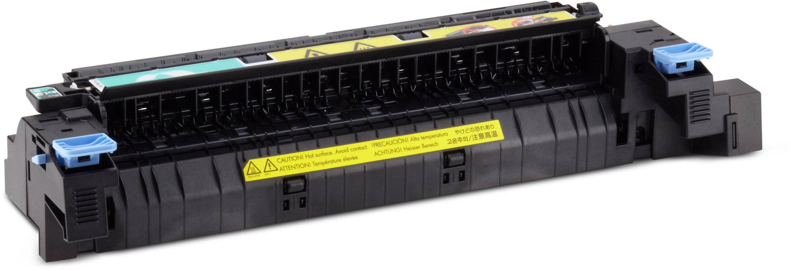 Čierny tlačiarenský toner s modrými klipsňami a žltým výstražným štítkom na prednej strane.