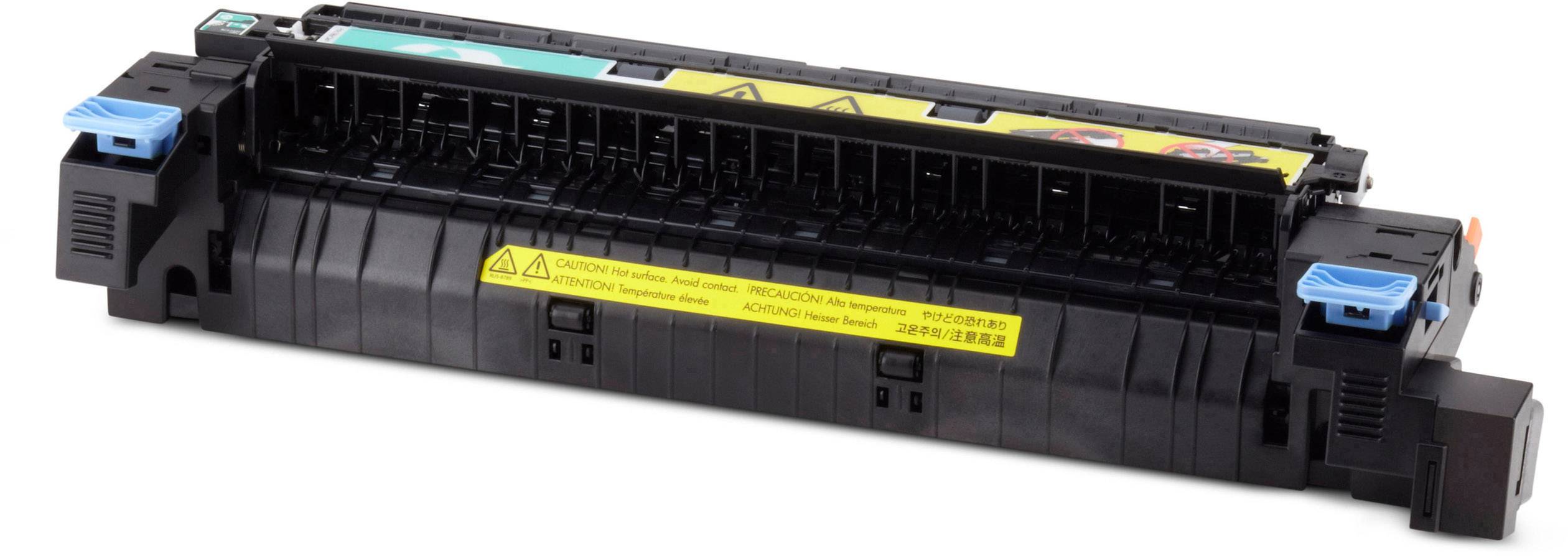 Obrázok zlučovača laserového tlačiarne s modrými a oranžovými pákami na stranách, so žltou výstražnou nálepkou s bezpečnostnými informáciami.