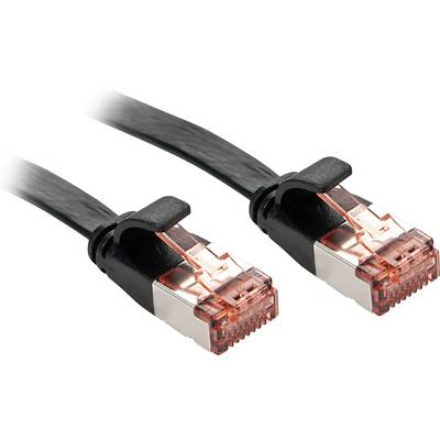 Čiernы sieťový kábel s dvomi RJ45 konektormi, ktoré majú červené západky.