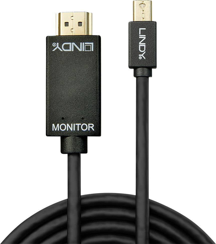 HDMI kábel s nápisom 'MONITOR' na jednom konci a 'LINDY' na druhom konci. Účel: prepojenie zariadení s monitorom.