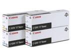 Štyri tonerové kazety s nápisom 'Canon C-EXV 17', jedna kazeta v žltej, purpurovej, azúrovej a čiernej farbe.