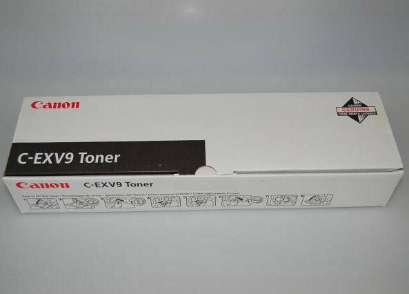 Biela kartónová škatuľa pre toner Canon C-EXV9, obsahuje návod a bezpečnostné upozornenia.