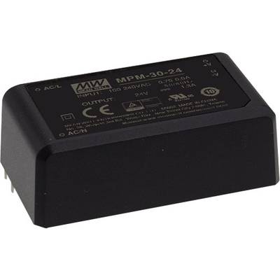 Čierna obdĺžniková spínaná napájacia jednotka s nápisom 'MPM-30-24'. Vhodná pre vstupy 100-240V AC, výstup 24V. Viditeľné CE označenie.