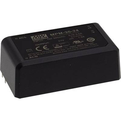 Čierna AC/DC napájacia jednotka Mean Well, model MPM-30-24, s výstupným napätím 24V a vstupným napätím 100-240V AC.