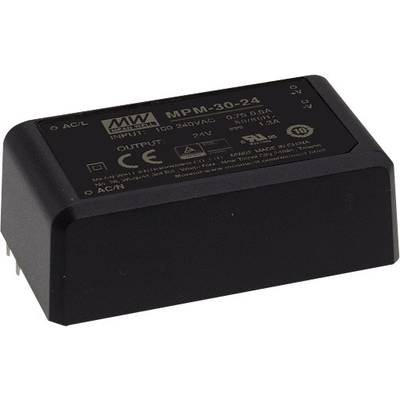 Čierny obdĺžnikový napájací zdroj s nápisom 'MPM-30-24'. Špecifikácie: Vstup 100-240V AC, výstup 24V, bezpečnostné certifikáty.