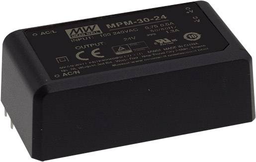 Čierna spínaná napájacia jednotka s nápisom: "MPM-30-24, INPUT: 100-240V, OUTPUT: 24V". Má niekoľko pripojení na spodnej strane.