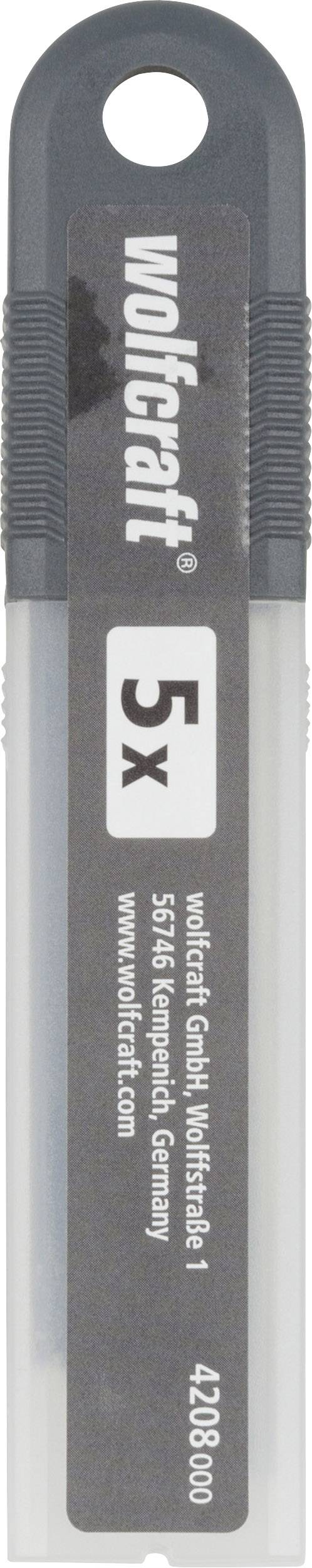 Balenie s 5 náhradnými čepeľami od Wolfcraft, vyrobené v Nemecku. Obal je tmavosivý a priehľadný.