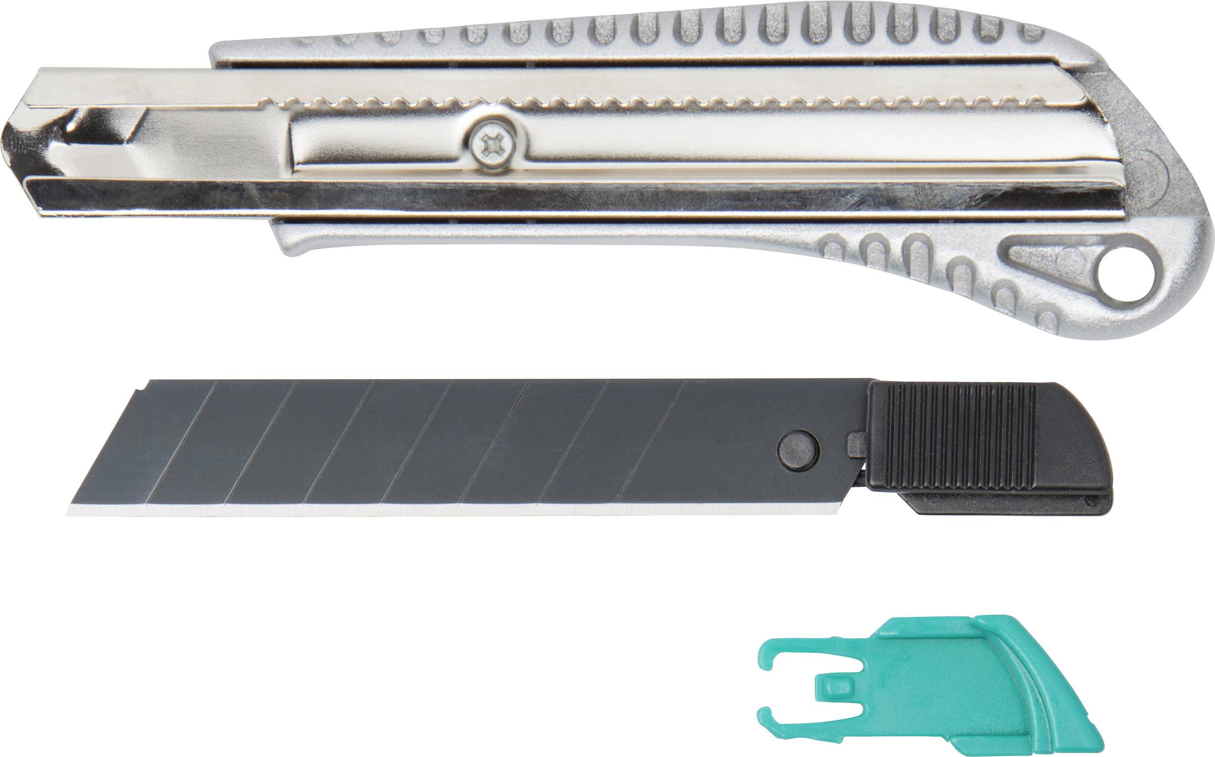 Strieborný rezací nôž s vymeniteľnou čiernou čepeľou a zeleným krytom čepele pod ňou.