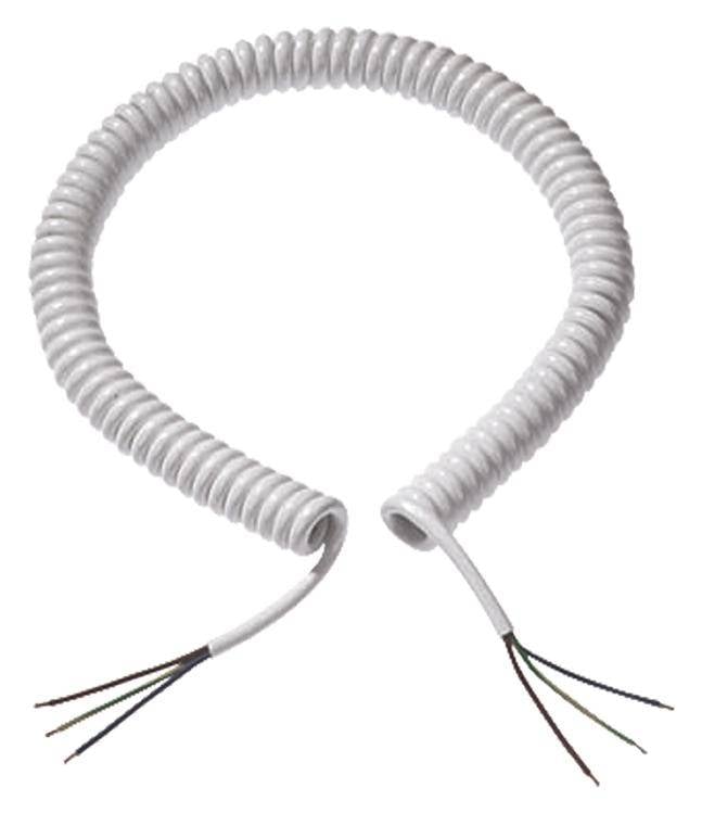 Biely špirálový kábel so stiahnutou izoláciou na koncoch, vhodný pre elektronické prepojenia alebo predĺženia.