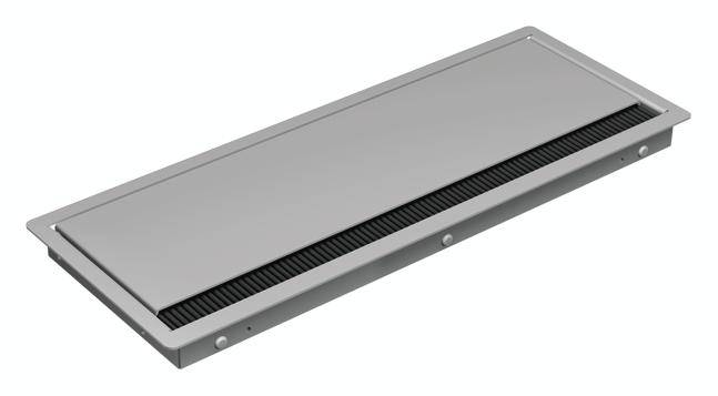 Ventilačná mriežka v obdĺžnikovom tvare, striebornej farby, s čiernymi vetracími štrbinami.