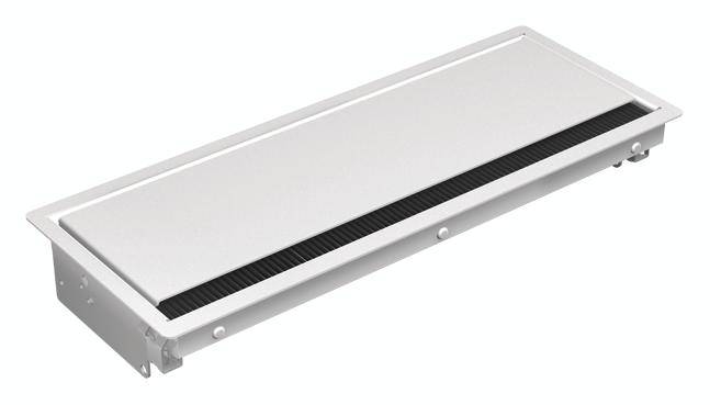 Štíhly, obdĺžnikový ventilačný otvor v bielej farbe s čiernou mriežkou uprostred. Vhodný pre vetracie alebo vykurovacie systémy.