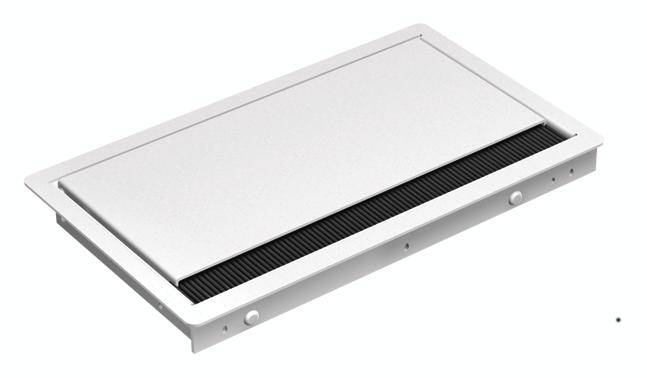 Obdĺžnikový ventilačný kanál z kovu s čiernou mriežkou, vhodný na montáž na stenu alebo strop v budovách.