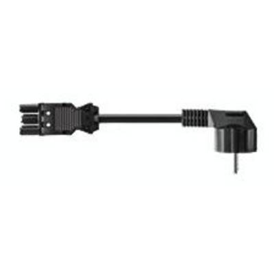 Čierny AC adaptér s pravouhlou koncovkou a trojpólovým konektorom, vhodný pre určité elektronické zariadenia.