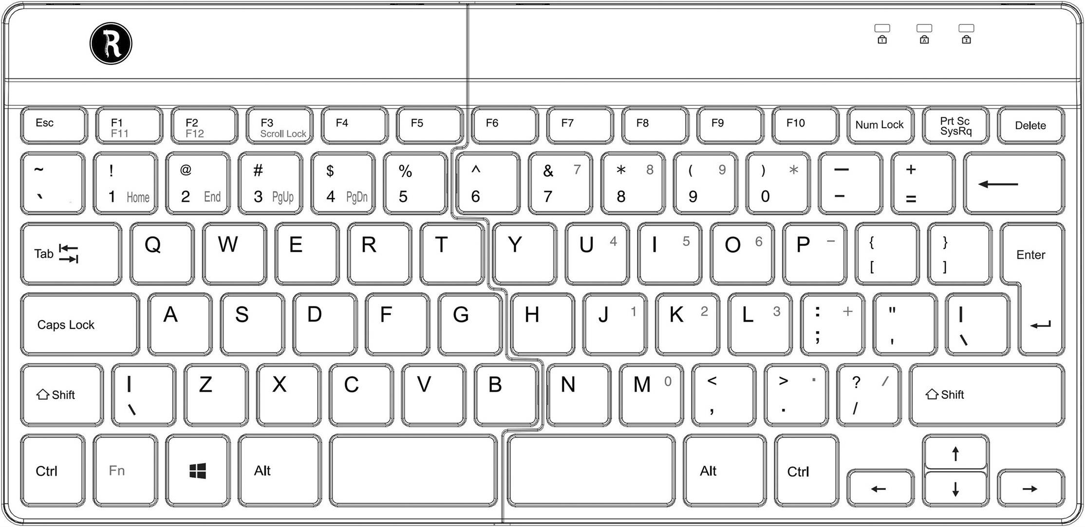 Klávesnica so špeciálnymi klávesmi pre funkcie ako 'Num Lock' a 'Delete'. Vľavo hore logo s písmenom 'R'. Rozloženie klávesnice podľa konfigurácie QWERTY.