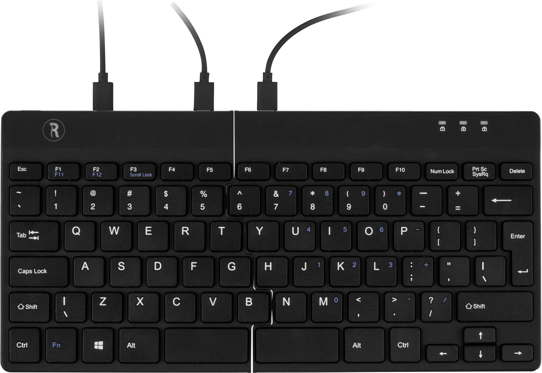 Čierna delená počítačová klávesnica s podsvietenými funkčnými klávesmi a troma USB káblami. Klávesy sú v štandardnom usporiadaní QWERTY.