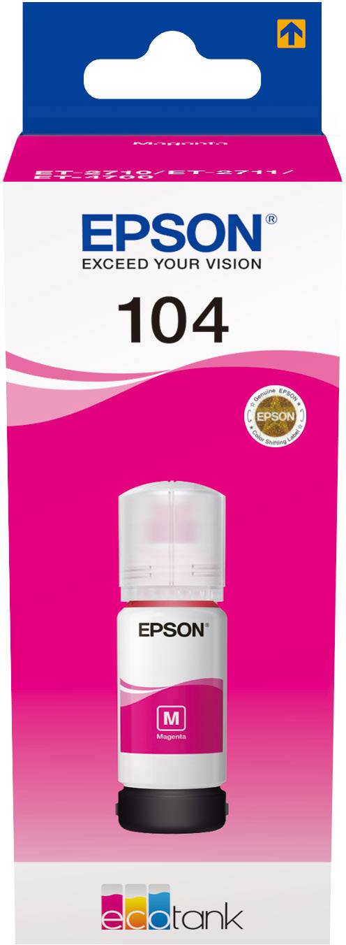 Atramentová fľaša Epson EcoTank 104 Magenta, vhodná pre tlačiarne EcoTank, balená v ružovo-bielej škatuľke s logom a textom.